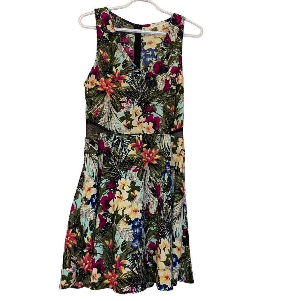 Lush Women's Midi Multicolor Floral Dress V Neck Zip Mesh Back Size Lโโโโโโ
